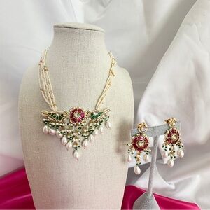 Gold-Tone Cream Pearl Necklace Set with Pink and Green Kundan Accents